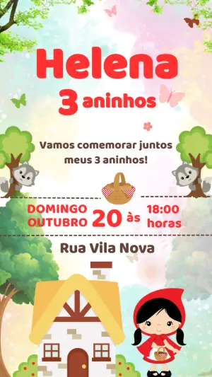 Convite de Aniversário Chapeuzinho Vermelho Fofo para Editar