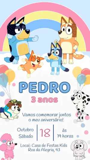 Convite de Aniversário Bluey e Bingo para Editar Online