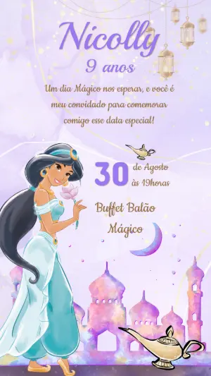 Convite de Aniversário Princesa Jasmine Mágico para Editar