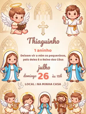 Convite Aniversário Fofo Jesus e Anjinhos para Editar