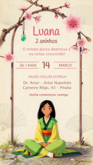 Convite Digital Tema Mulan para Aniversário Infantil Editável