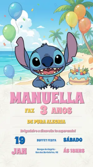 Invitación de cumpleaños Stitch – Estático – Convites Digitais Exclusivos