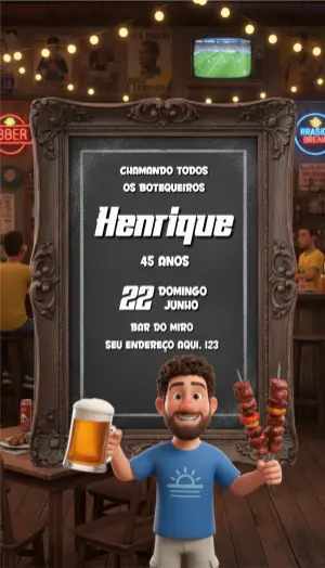 Convite de Aniversário Boteco 3D Masculino para Editar