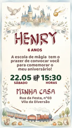 Convite de Aniversário Harry Potter Aquarela Editável