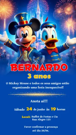 Convite de Aniversário Mickey e Pato Donald Mágico para Editar
