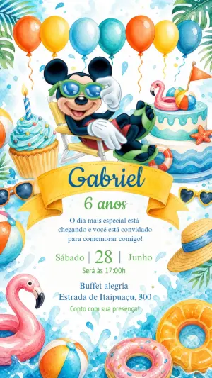 Convite de Aniversário Mickey Pool Party Aquarela Editável