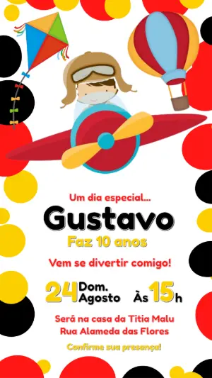 Convite de Aniversário Aviador Colorido para Editar Online