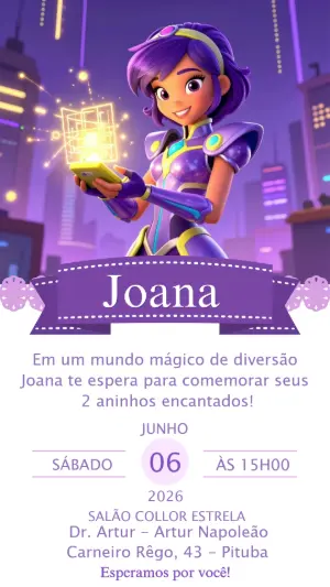Convite Digital Aniversário Heroína Futurista Roxo Editável