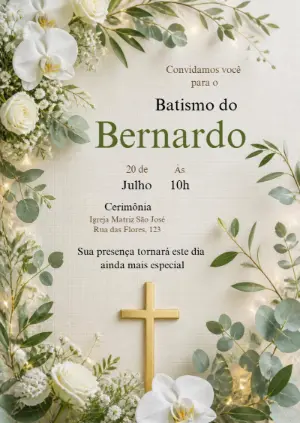 Convite de Batismo Elegante Floral para Editar