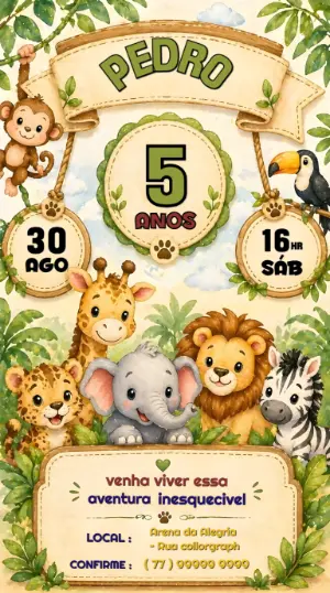 Convite de Aniversário Safari Infantil Editável