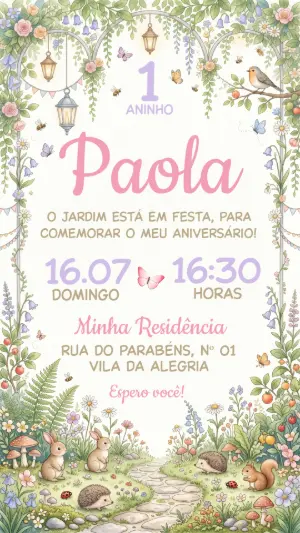 Convite de Aniversário Jardim Encantado Aquarela Editável