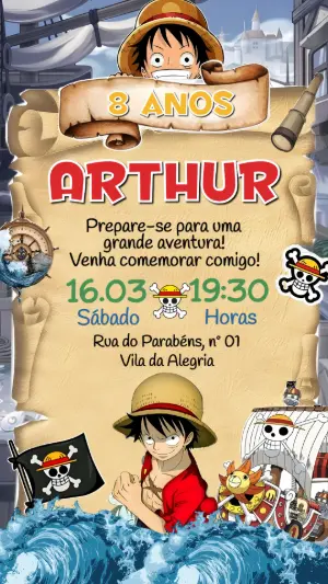 Convite de Aniversário One Piece Aventura Pirata Editável