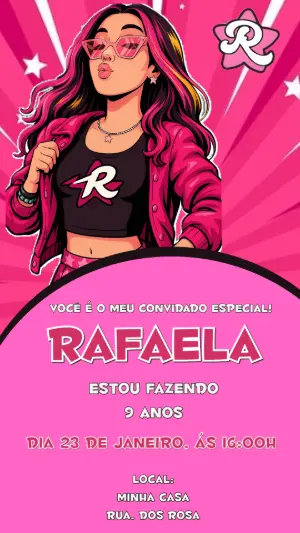 Convite de Aniversário Pop Star Rosa e Preto Editável