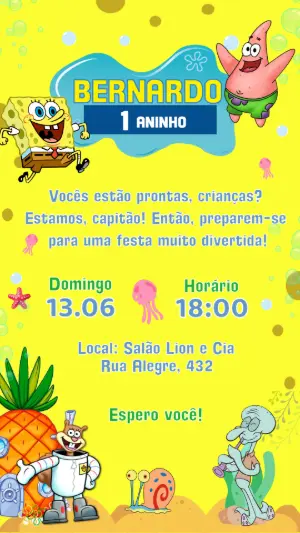 Convite de Aniversário Bob Esponja e Turma para Editar Online