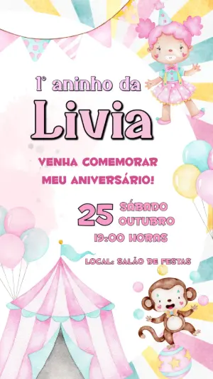 Convite de Aniversário Circo Rosa Aquarela Editável