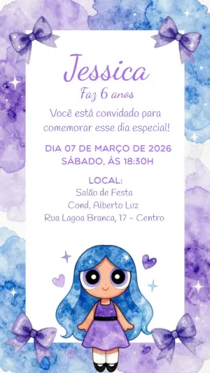 Convite Digital Aniversário Infantil Tema Boneca Roxo Editável