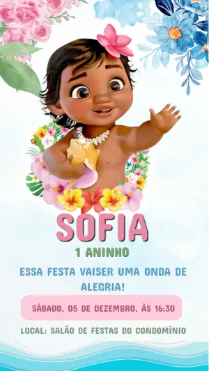 Convite de Aniversário Moana Baby com Flores para Editar