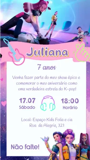 Convite Animado Aniversário K-Pop Guerreiras para Editar Online