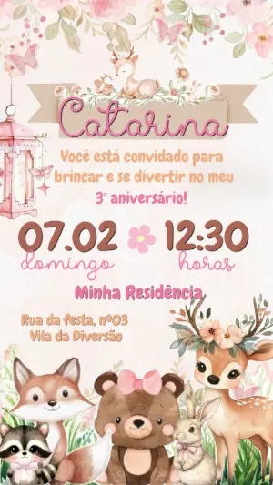 Convite de Aniversário Bosque Encantado Animais Fofos para Editar