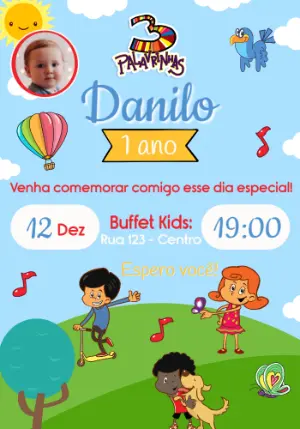 Convite de Aniversário 3 Palavrinhas Colorido para Editar