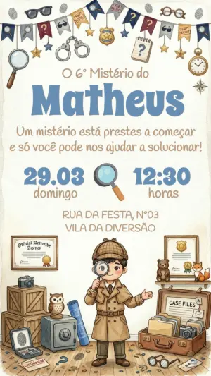 Convite de Aniversário Detetive Aquarela para Editar