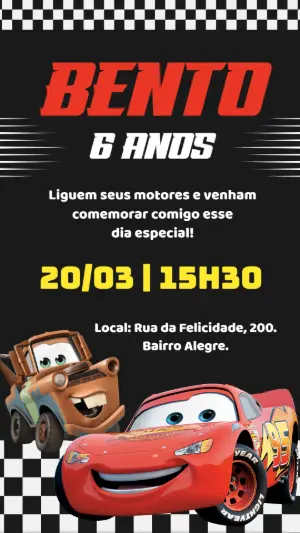 Convite de Aniversário Carros Disney Editável