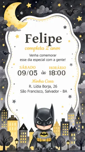 Convite de Aniversário Batman Aquarela Editável