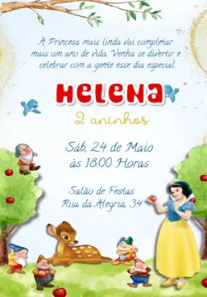 Convite Aniversário Branca de Neve com Personagens para Editar