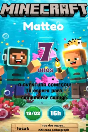 Convite Animado Aniversário Minecraft Fundo do Mar para Editar