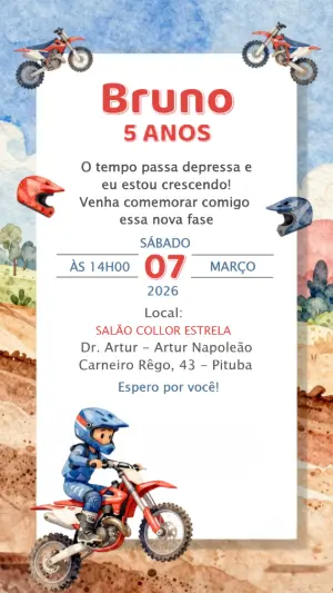 Convite de Aniversário Motocross Aquarela para Editar