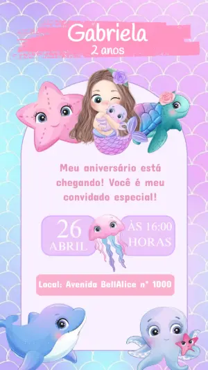 Convite Aniversário Sereia Cute para Editar Online