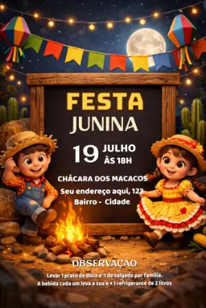 Convite de Festa Junina Infantil 3D Fofo para Editar