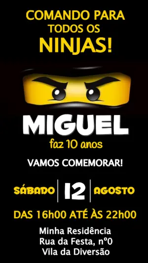 Convite Digital Aniversário Ninja Amarelo e Preto Editável