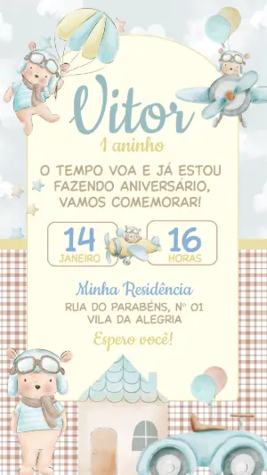 Convite de Aniversário Ursinho Aviador Editável
