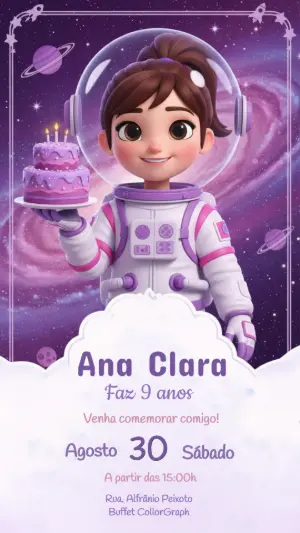 Convite Digital Festa no Espaço Menina Astronauta para Editar