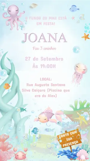 Convite Aniversário Fundo do Mar com Animais para Editar Online