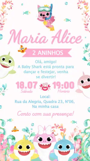 Convite de Aniversário Baby Shark Rosa Editável