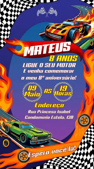 Convite de Aniversário HotWheels com Fogo para Editar