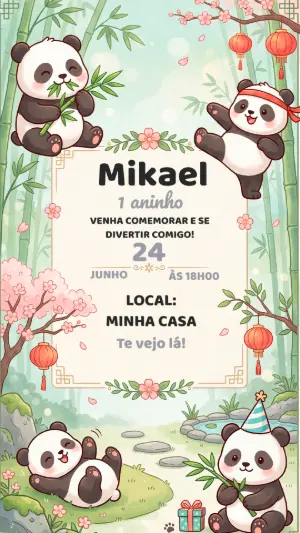 Convite de Aniversário Panda Fofo: Modelo Digital para Editar