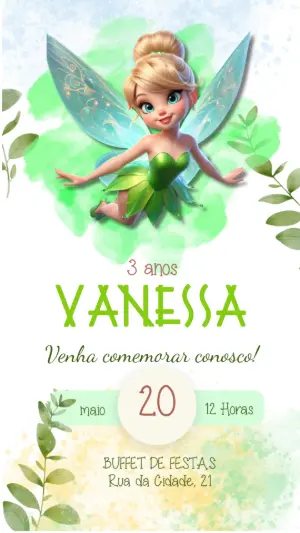 Convite de Aniversário Sininho Aquarela Verde para Editar
