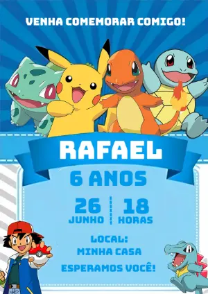 Convite de Aniversário Pokémon com Personagens para Editar Online