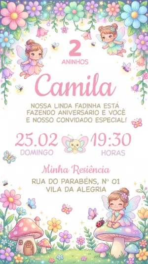 Convite de Aniversário Jardim das Fadas Editável para Menina