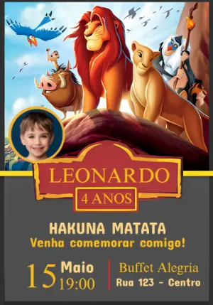 Convite Aniversário Rei Leão com Foto para Editar Online