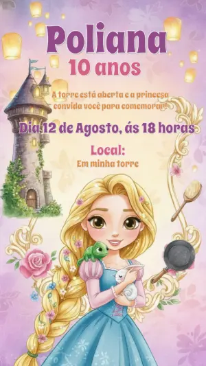 Convite de Aniversário Rapunzel Enrolados Modelo Digital para Editar