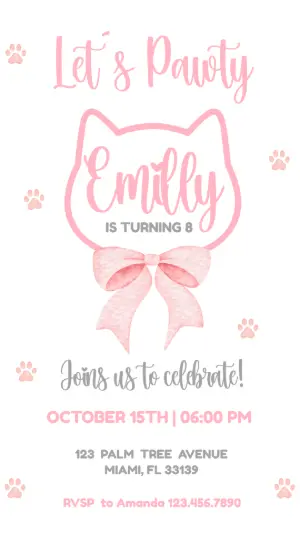 Pink Cat 'Pawty' Birthday Invitation Editable Template