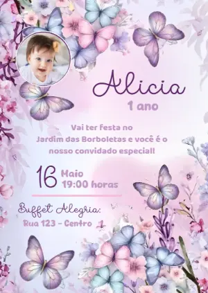 Convite Jardim das Borboletas Lilás com Foto para Editar