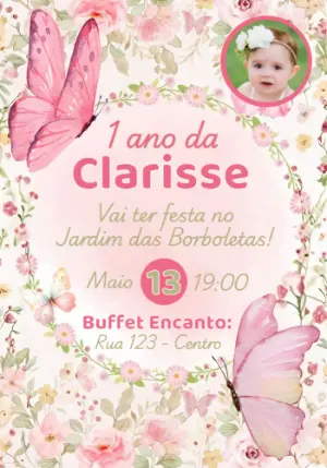 Convite Aniversário Jardim Borboletas com Foto Editável