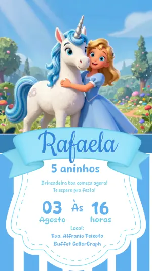 Convite de Aniversário Unicórnio e Princesa Azul Editável