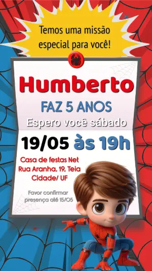 Convite Digital Infantil Homem Aranha Fofo para Editar