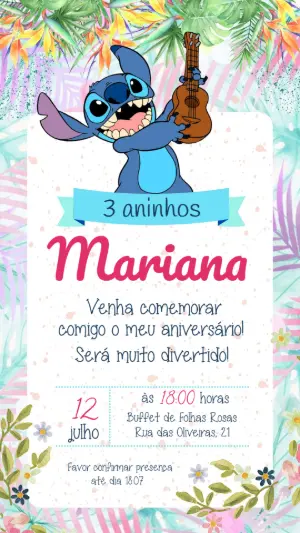 Convite de Aniversário Stitch Tropical para Editar Online